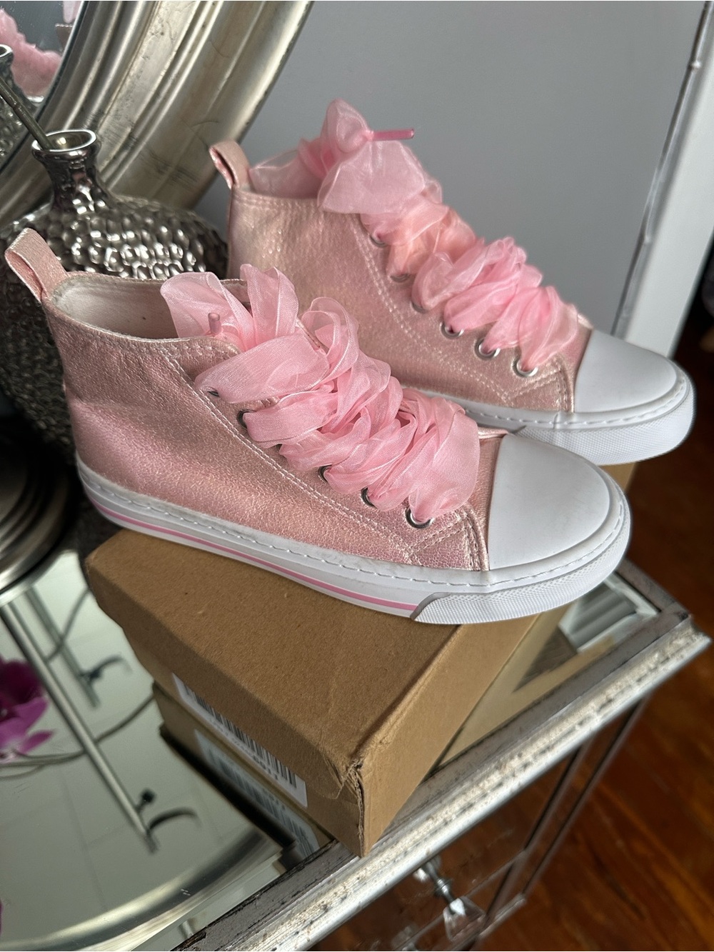 Kids Pink High-Top Sneakers with Sheer Ribbon Laces